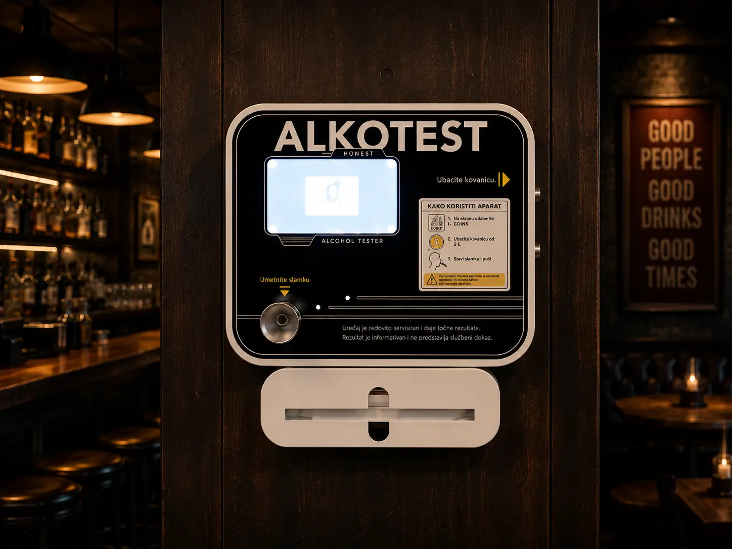 Quantify samoposlužni alkotest aparat montiran na zid u ugostiteljskom objektu
